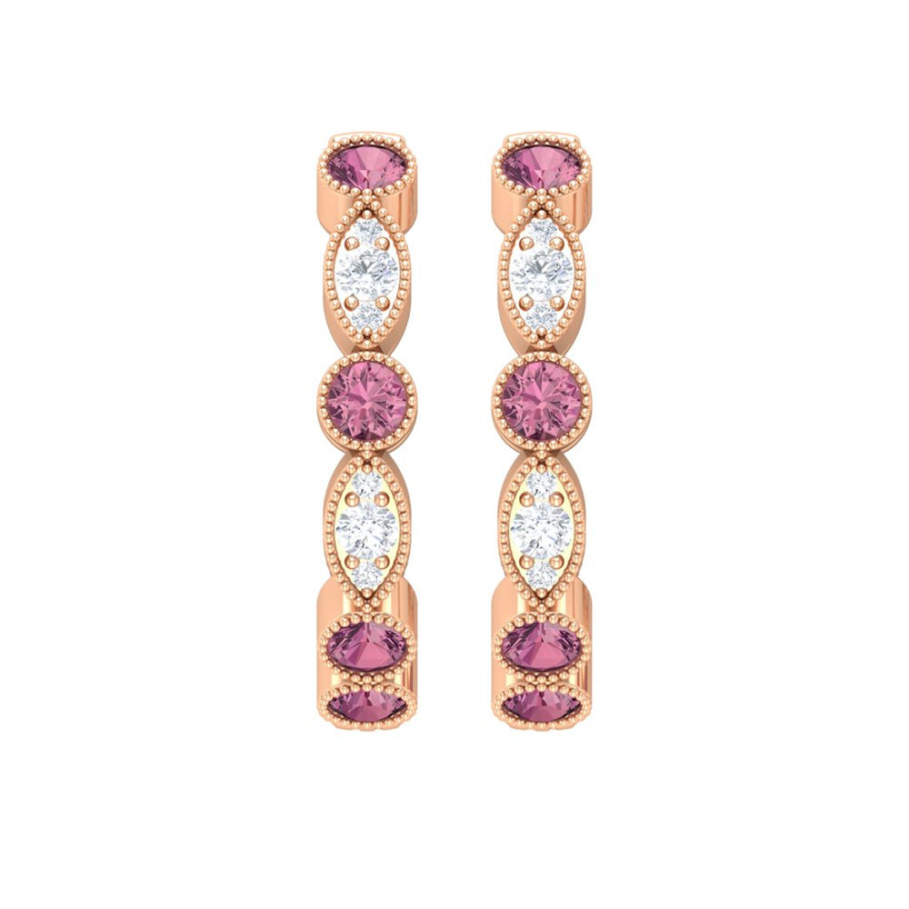 3/4 CT Pink Tourmaline and Diamond Hoop Earrings, Pink Tourmaline Vintage Earrin