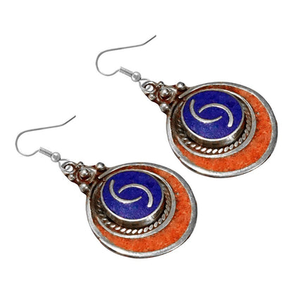 Silver Plated Handmade Dangle Earrings for Women, Coral Lapis Lazuli Gemstone Ea