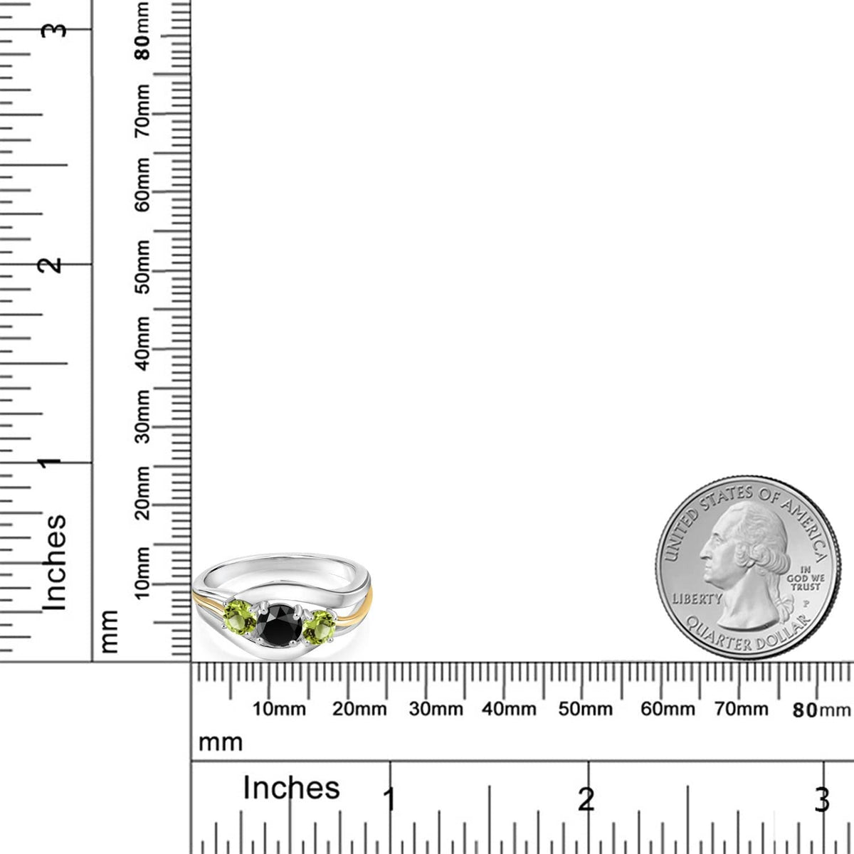 1.08 Ct round Black Onyx Green Peridot 925 Silver and 10K Yellow Gold Ring