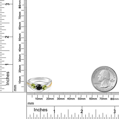 1.08 Ct round Black Onyx Green Peridot 925 Silver and 10K Yellow Gold Ring