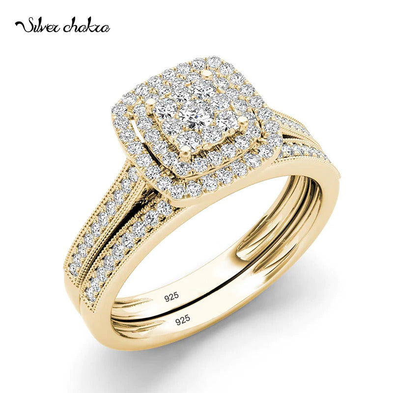 2Pcs Engagement Rings for Women Original 925 Sterling Silver Ring Set 14K Gold