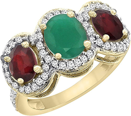 14K Yellow Gold Natural Cabochon Emerald & Enhanced Ruby 3-Stone Ring Oval Diamo