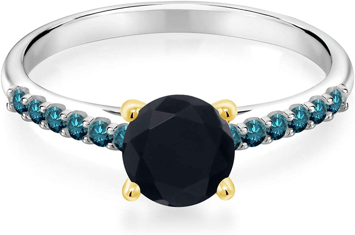 1.00 Ct 6Mm round Black Onyx Blue Diamond 925 Silver Ring with 10K Yellow Gold P