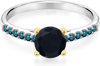 1.00 Ct 6Mm round Black Onyx Blue Diamond 925 Silver Ring with 10K Yellow Gold P