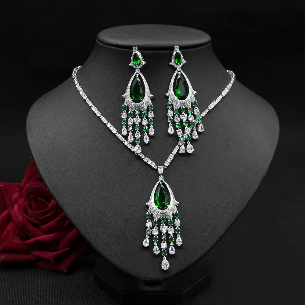 Vintage Elegant Temperament Bridal Wedding Jewelry Zircon Necklace Tassel Earrin