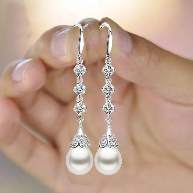 High Quality Temperament White Pearl Eardrop Earrings 925 Sterling Silver Long E