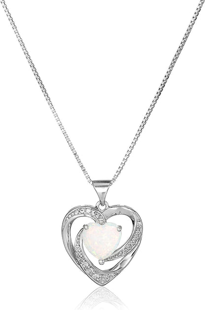 Sterling Silver Created Opal and White Sapphire Open Heart Pendant Necklace, 18"