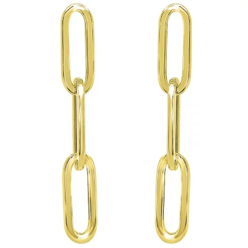 14K Yellow Gold High Polish Paperclip Link Drop Earrings
