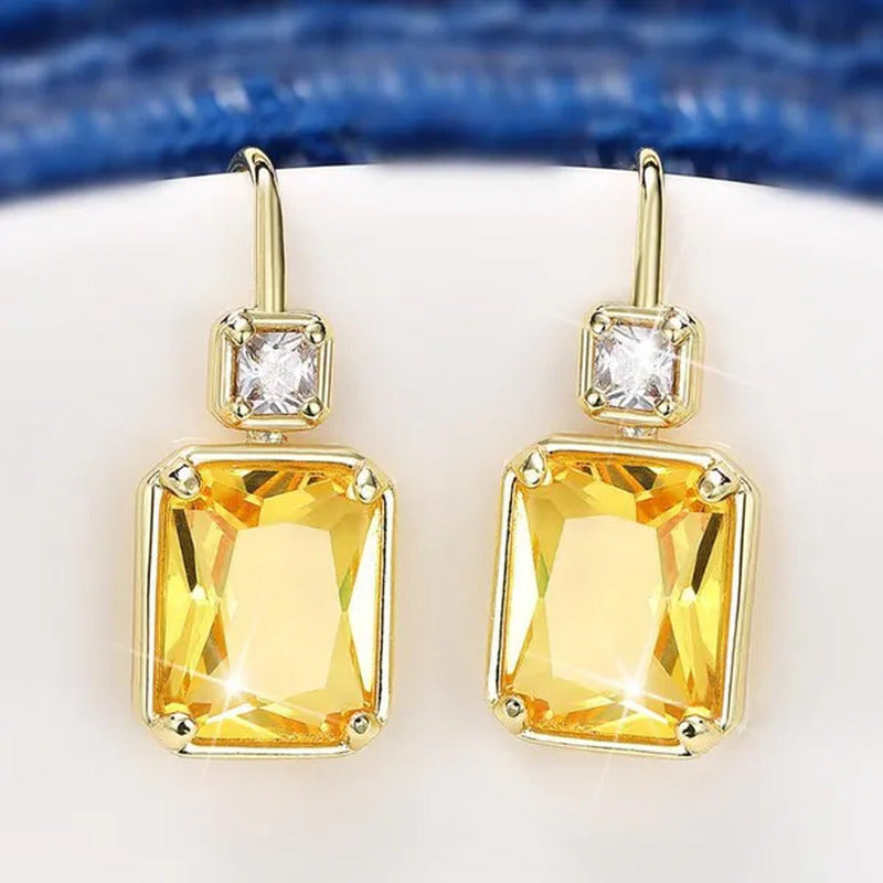 Trendy Square Cut Citrine Earrings for Women Yellow Gold Plated Gemstone Hook Dr