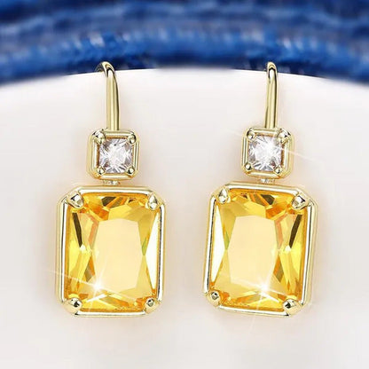 Trendy Square Cut Citrine Earrings for Women Yellow Gold Plated Gemstone Hook Dr