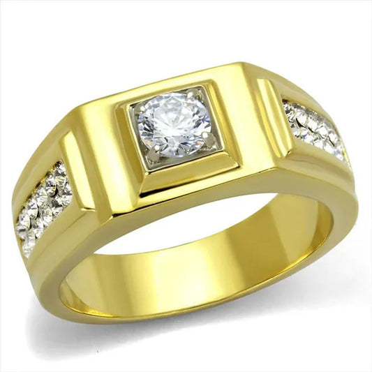 Men'S 1.18 Ct Faux Diamond Stainless Steel 14K Gold Ion Plated Ring Sizes 8-13