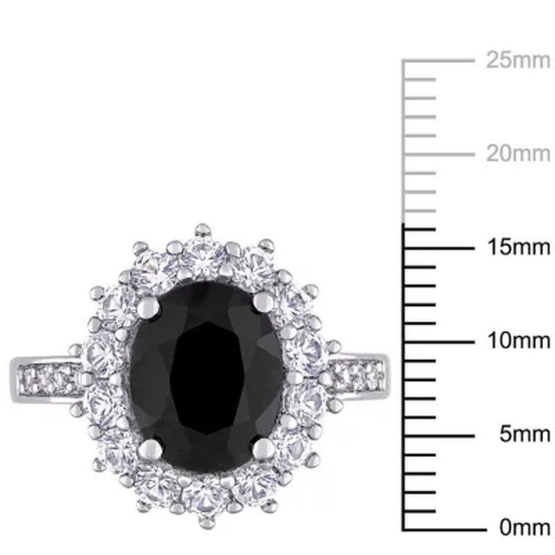 Oval Cut Black Sapphire and Created White Sapphire Halo Ring in Sterling Silver
