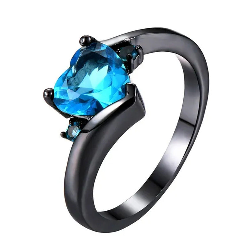 Delicate Love Heart Aquamarine Crystal Diamond Black Color Ring Promise Rings Vi