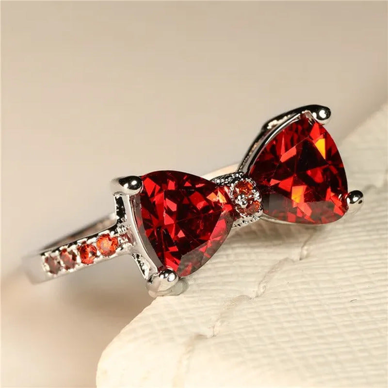 Fashion Women Girl Garnet Red Ruby Bow Ring 18K White Gold Bride Princess Weddin
