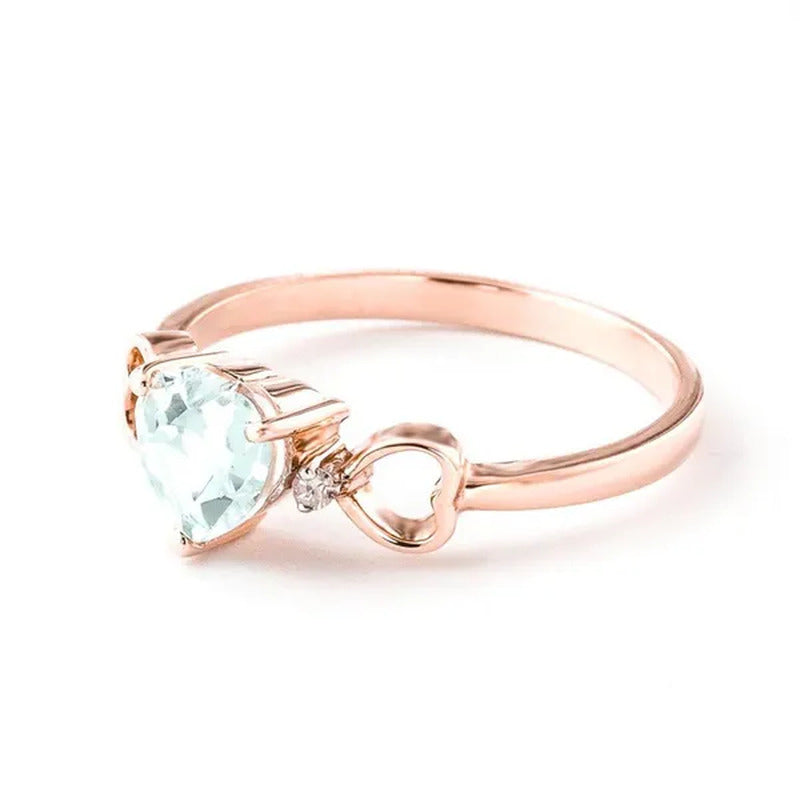 14K Rose Gold Ring with Heart-Shaped Aquamarine and Diamonds