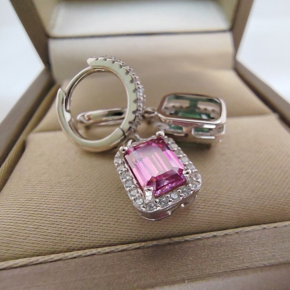 1CT 2CT 6X8MM Pink Green Emerald Cut Moissanite Earrings Pass Diamond Test 100%