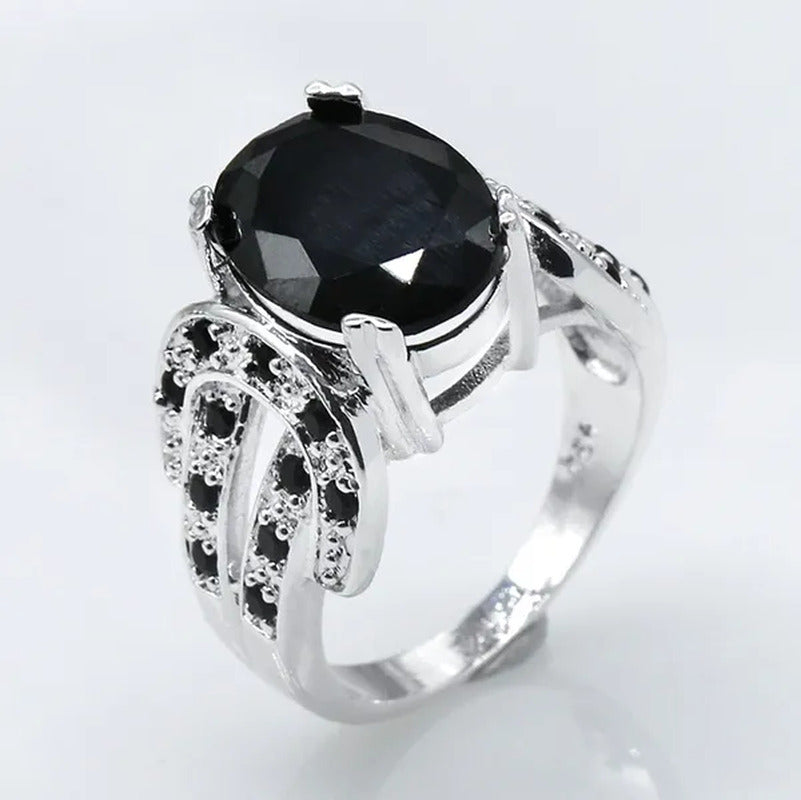 Women Ring 925 Sterling Silver Oval Cut Natural Black Sapphire & Diamond Ring Je