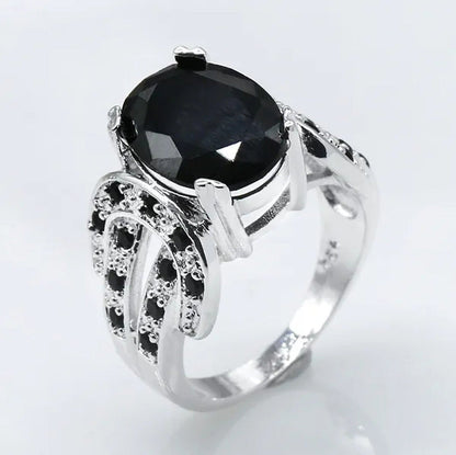 Women Ring 925 Sterling Silver Oval Cut Natural Black Sapphire & Diamond Ring Je