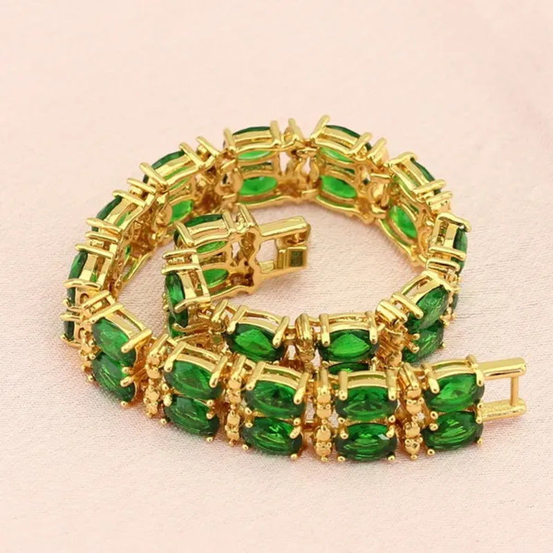 Flawless Long Gold Color Women Jewelry Sets Green Emerald Drop Earrings Necklace