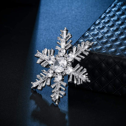 White Gold Plated Cubic Zirconia CZ Winter Art Deco Snowflake Flower Clear Brooc