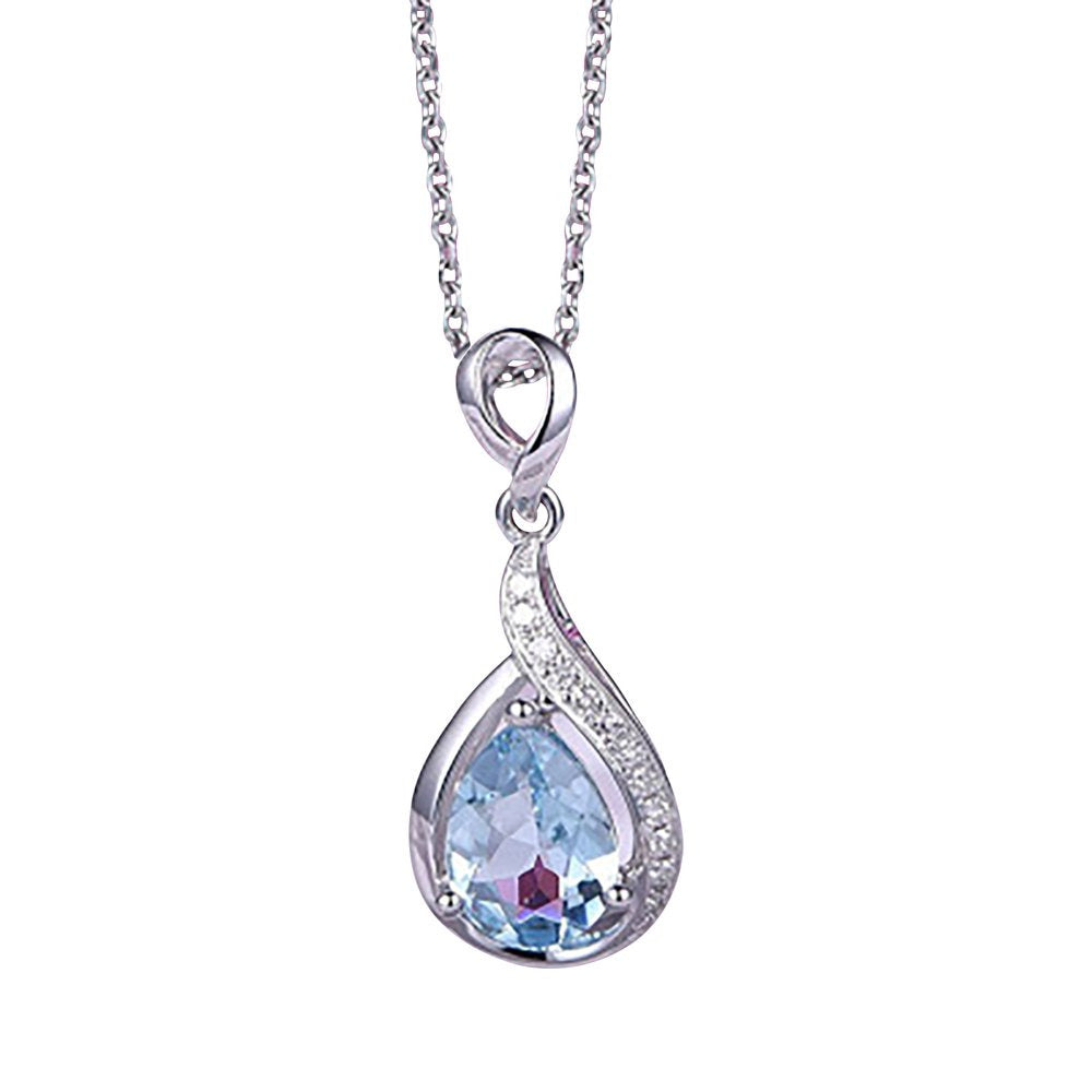 Ice Out Diamond Necklaces Drop Shaped Blue Zircon Clavicle Chain Necklace Birthd
