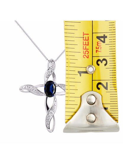 Diamond & Sapphire Cross Pendant Necklace Set in Set in 14K White Gold with 18"