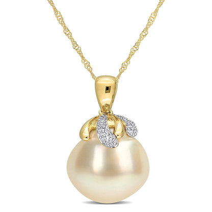 9 -10Mm Drop White South Sea Cultured Pearl & Diamond Accent 14Kt Yellow Gold Cr