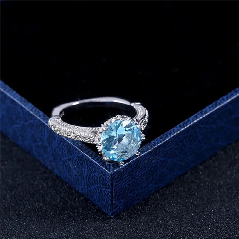 Fashion 2.0Ct round Cut Aquamarine Gemstone Ring Exquisite Silver Carver Flower