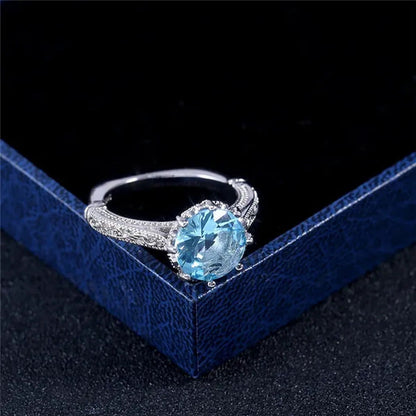 Fashion 2.0Ct round Cut Aquamarine Gemstone Ring Exquisite Silver Carver Flower