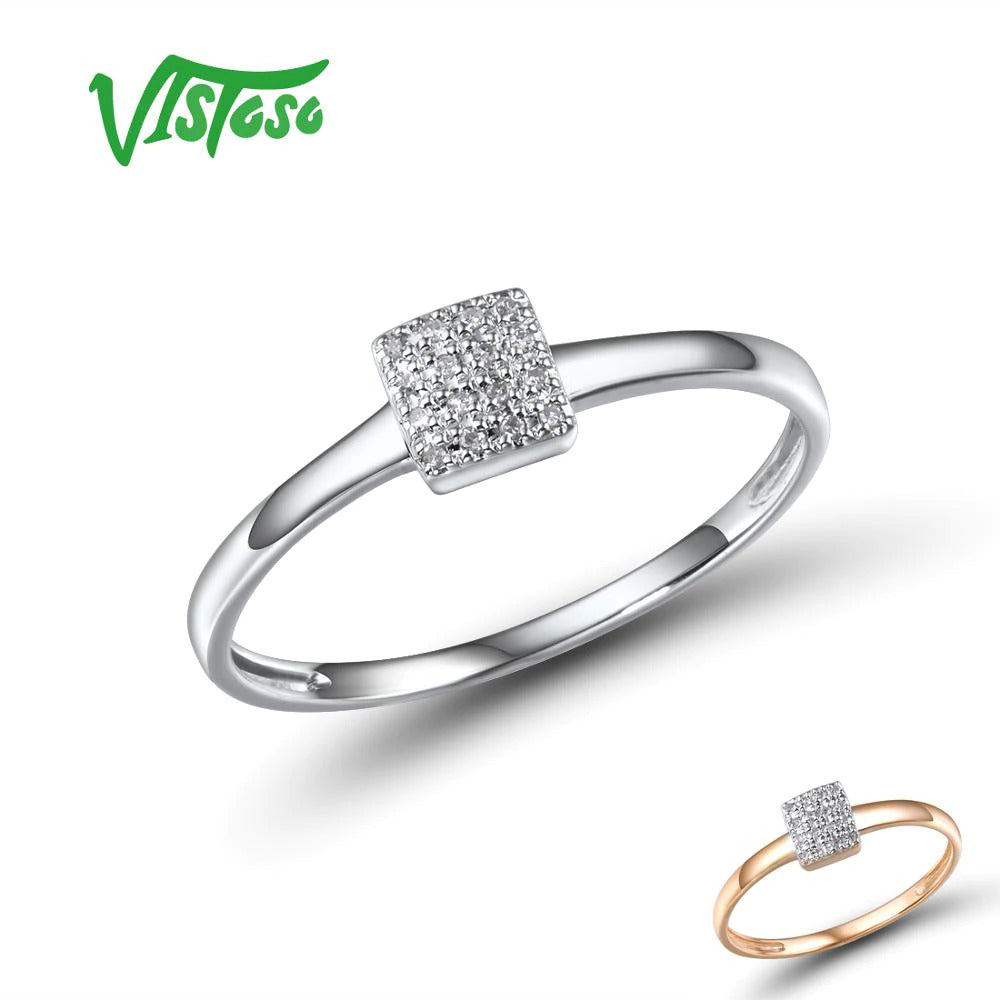 Pure 14K 585 Rose White Gold Sparkling Diamond Delicate Square Ring for Women