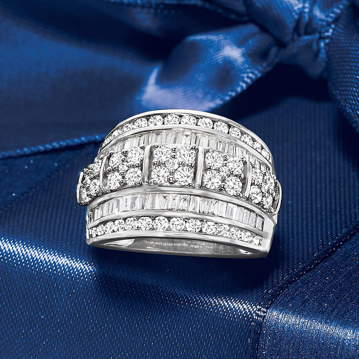 2.00 Ct. T.W. Baguette and round Diamond Multi-Row Ring in Sterling Silver