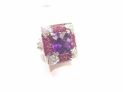 5.51 CT CUSHION SHAPE AMETHYST AND RUBIES 1.29 CT DIAMOND