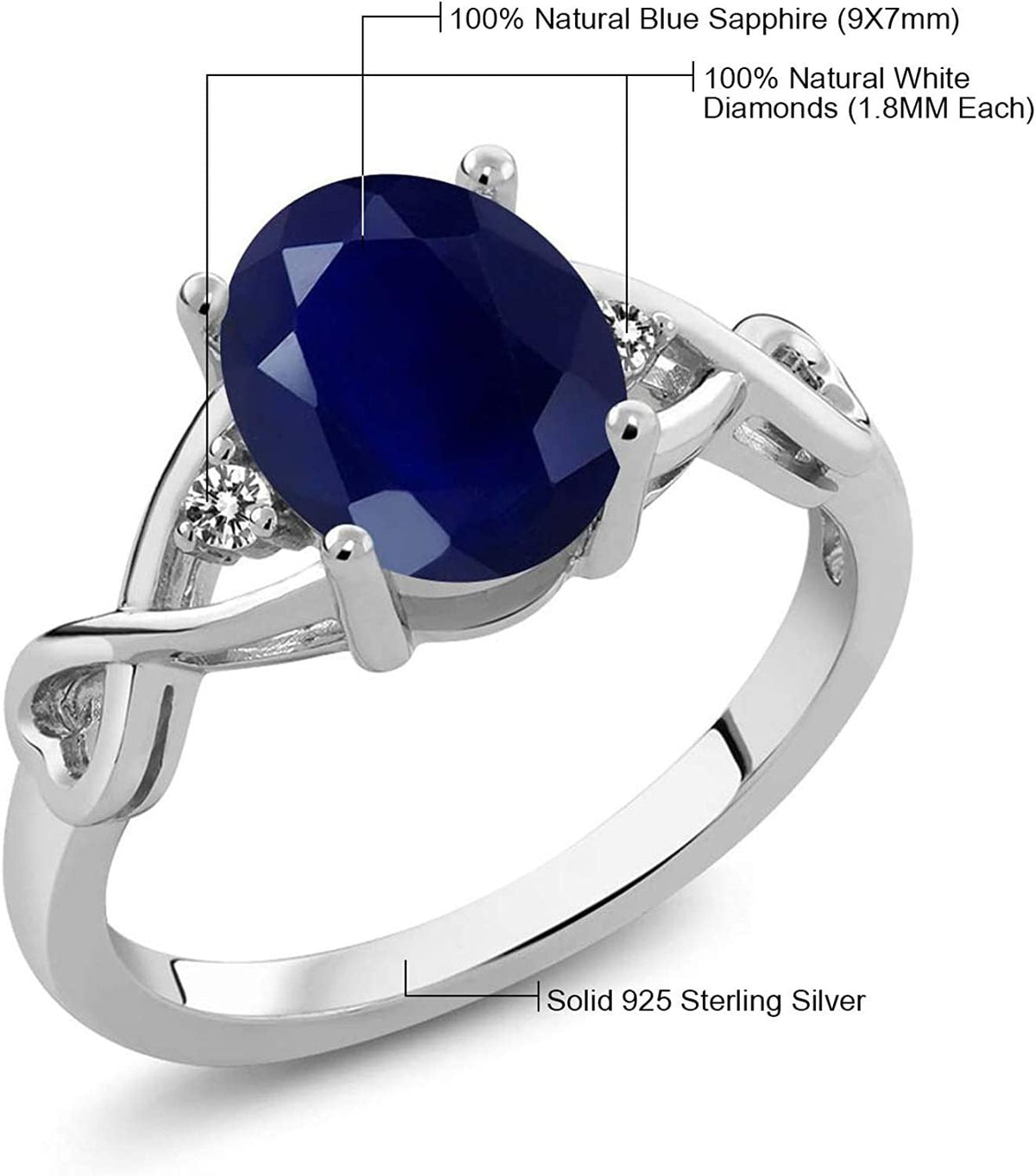925 Sterling Silver Blue Sapphire and White Diamond Women'S Ring (2.56 Cttw, Gem