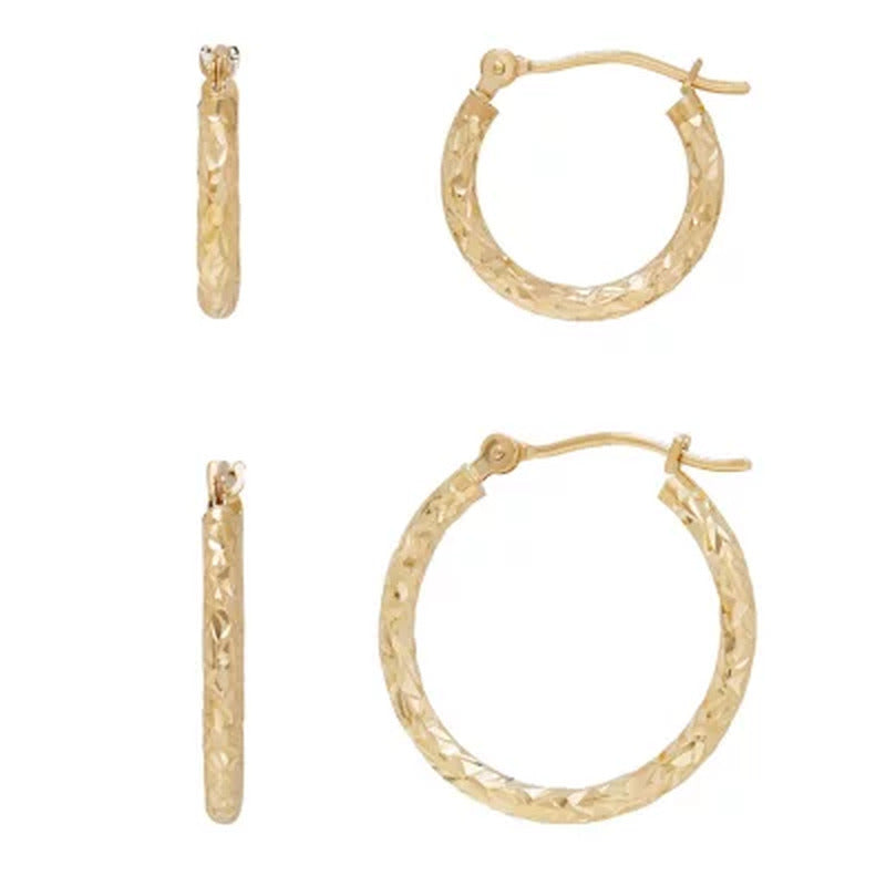 14K Yellow Gold Diamond-Cut Hoop Set