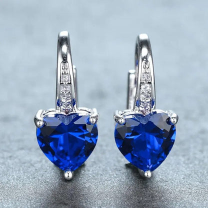 925 Solid Silver Heart Cut Blue Sapphire Hoop Drop Earrings for Women Bridal Wed