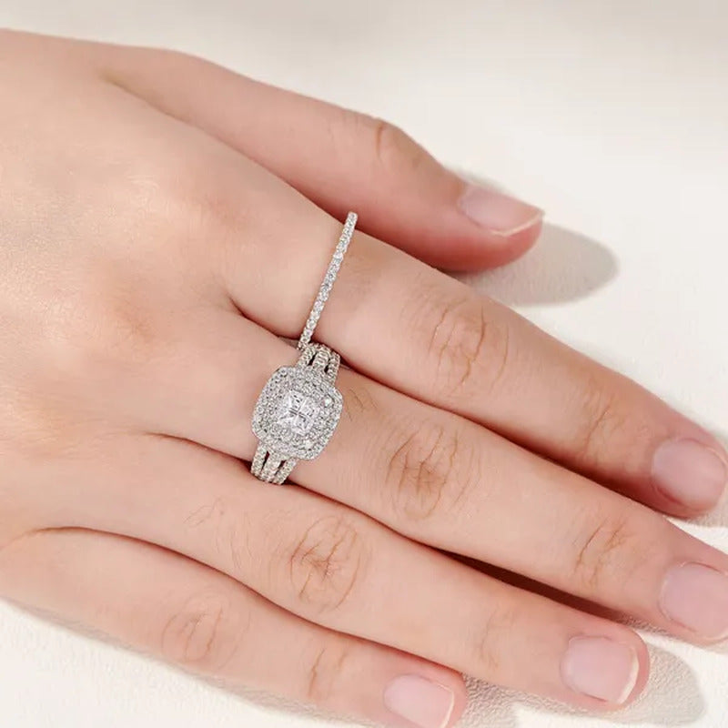 Newshe 925 Sterling Silver Halo Cross Cut Princess Cubic Zirconia Wedding Ring S