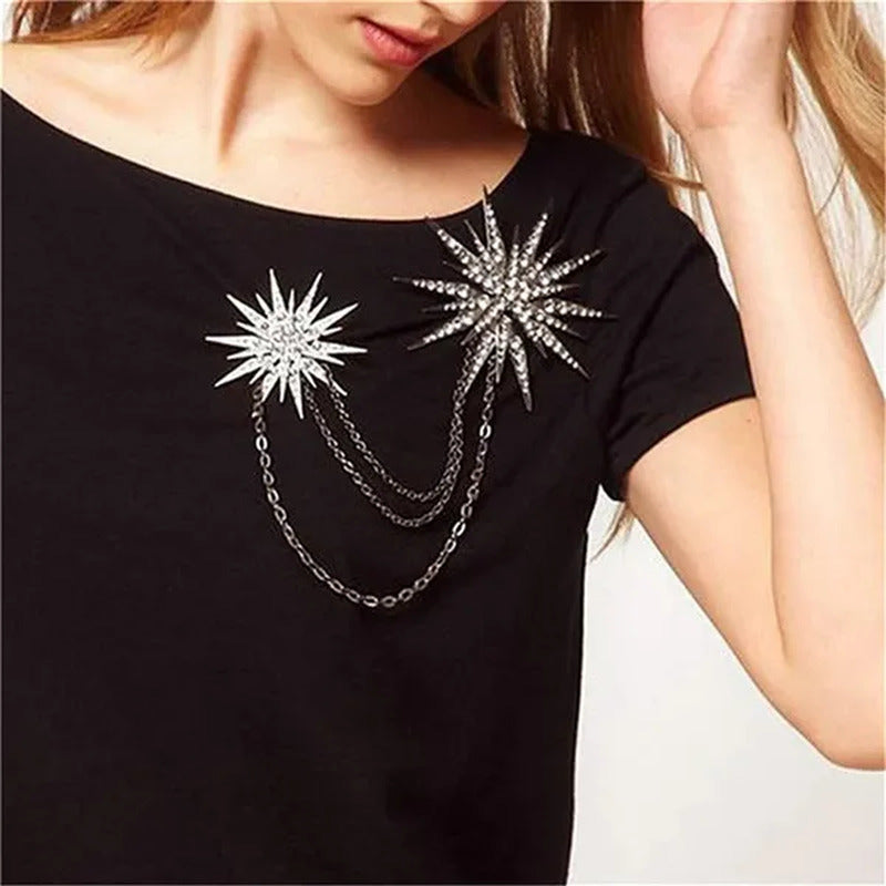 Eastjing Charm Snowflake Pin Double Chain Metal Scarf Buckle Tassel Gift Lapel P