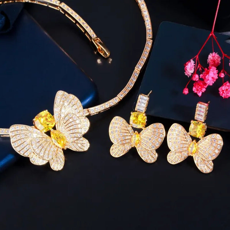 CANDICE Statement Citrine Butterfly Design Pendant Ears Choker Necklace Micro CZ