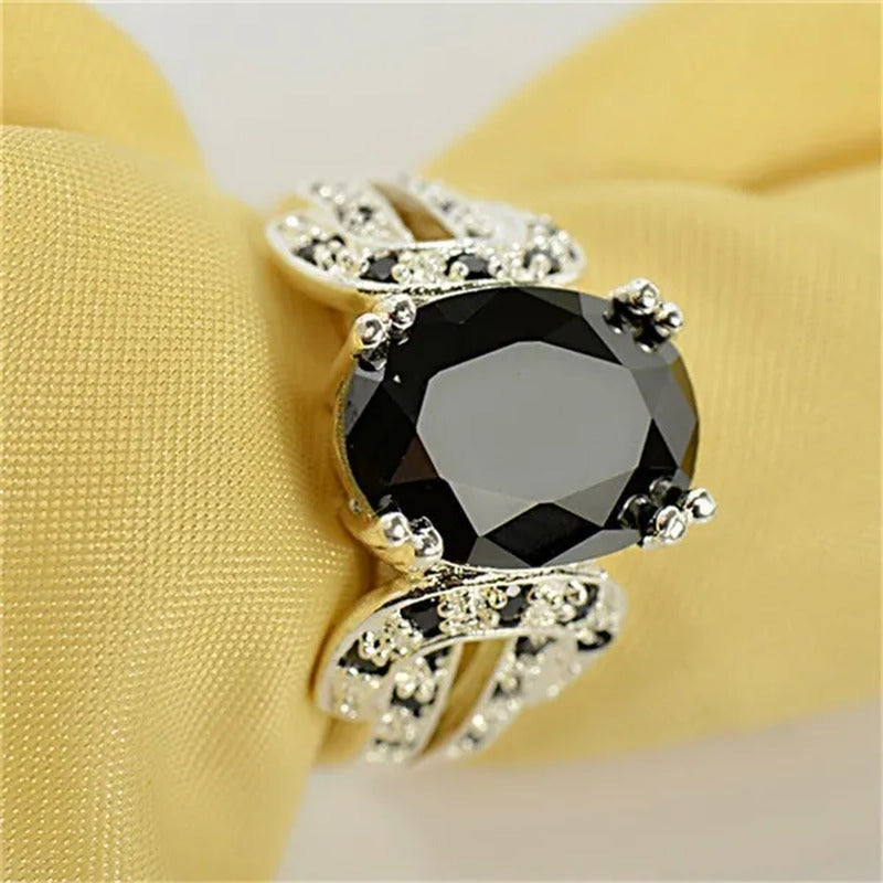 Women Ring 925 Sterling Silver Oval Cut Natural Black Sapphire & Diamond Ring Je