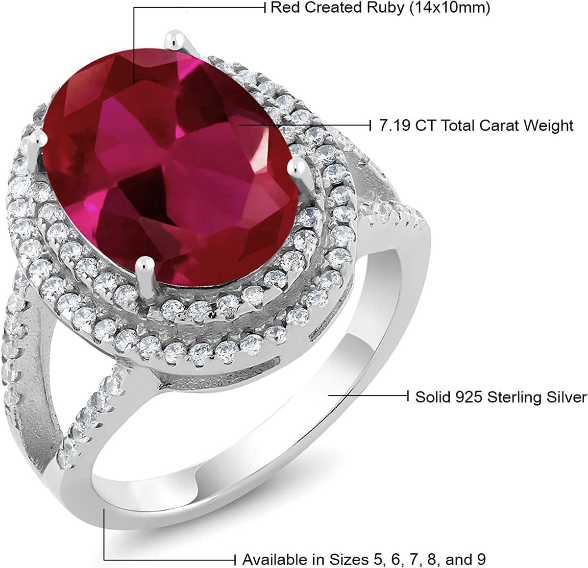925 Sterling Silver Red Created Ruby Women'S Cocktail Engagement Ring (7.19 Cara