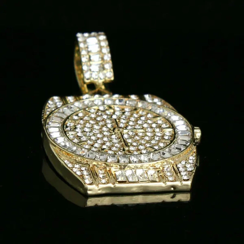 14K Gold PT Watch Fully Diamond Lad Cut Pendant Hip Hop Style 4Mm 24" Franco Cha