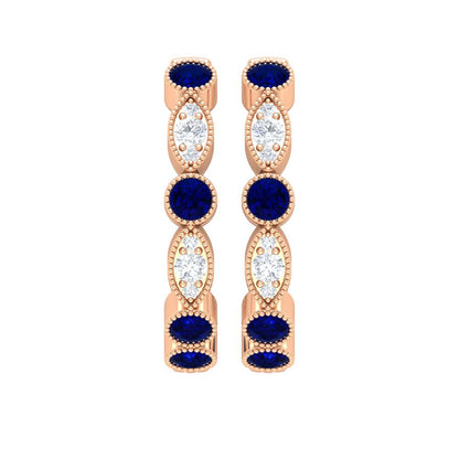 1 CT Blue Sapphire and Diamond Hoop Earrings, Blue Sapphire Vintage Earrings, Ho