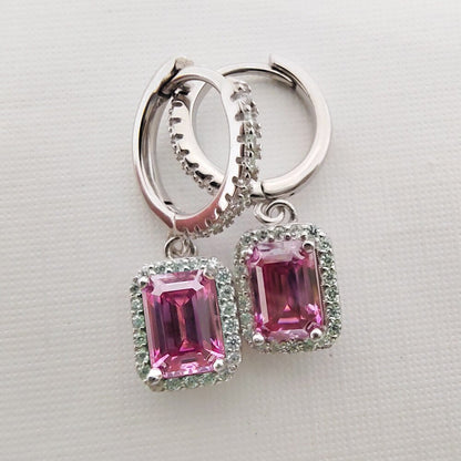 1CT 2CT 6X8MM Pink Green Emerald Cut Moissanite Earrings Pass Diamond Test 100%