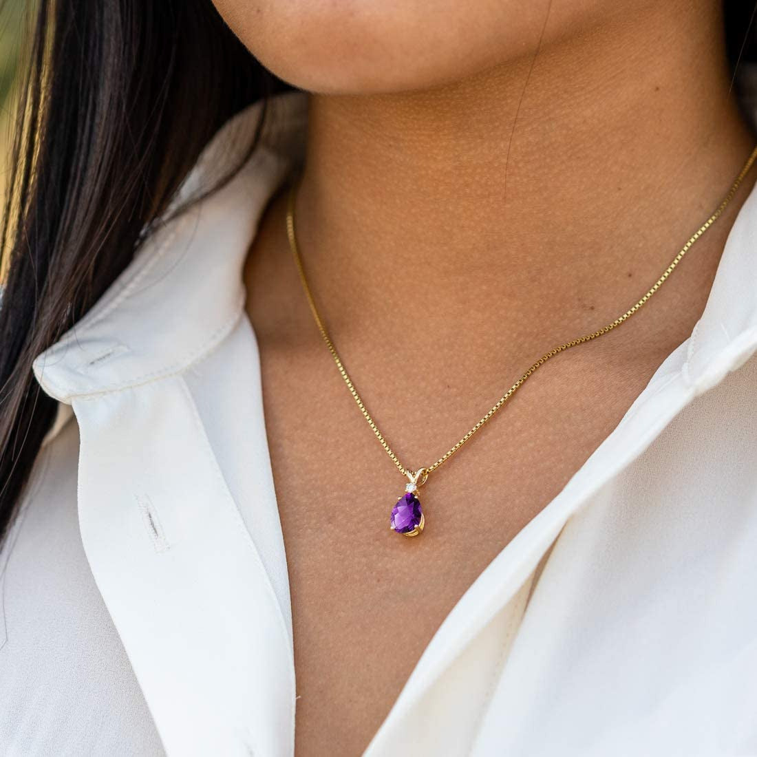 Amethyst with Diamond Pendant for Women 14K Yellow Gold, Genuine Gemstone Elegan