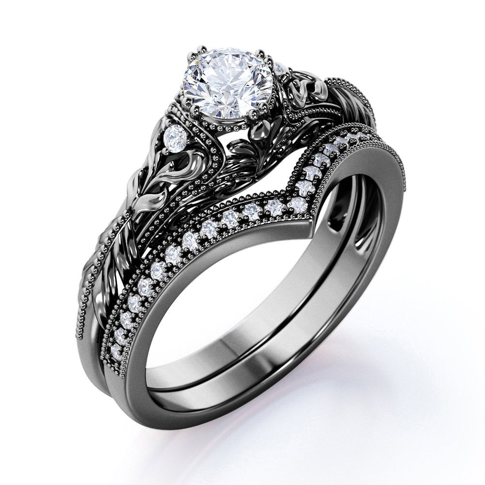 Engraved .68 Carat round Cut Real Diamond Victorian-Inspired Wedding Ring Set wi