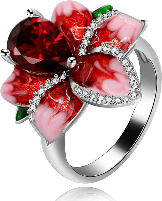 Girl'S Beautiful Red Enamel Rose Ring for Women Blossom Flower Rings with Pear C