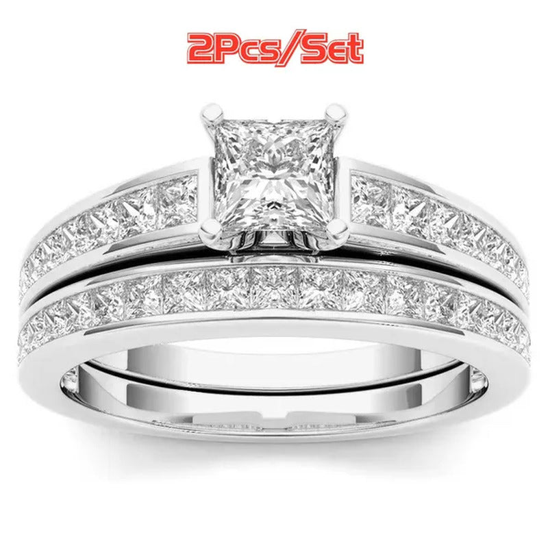 2Pcs / Set Wedding Engagement Ring Set Shiny Women'S Diamond Wedding Ring Annive