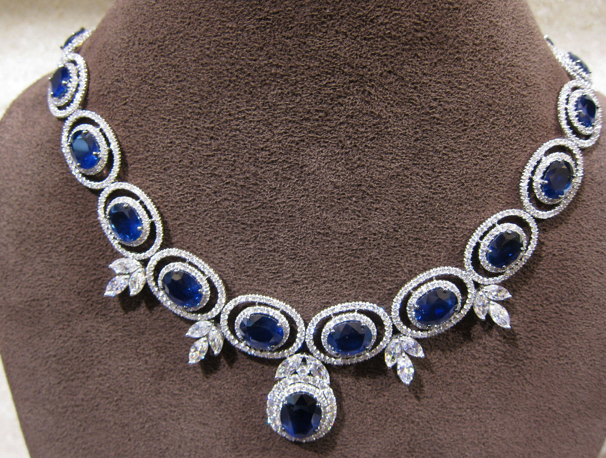 SAPPHIRE OVAL SHAPE ALL GEMSTONE NECKLACE DIAMOND ROUND MARQUISE SET NECKLACE