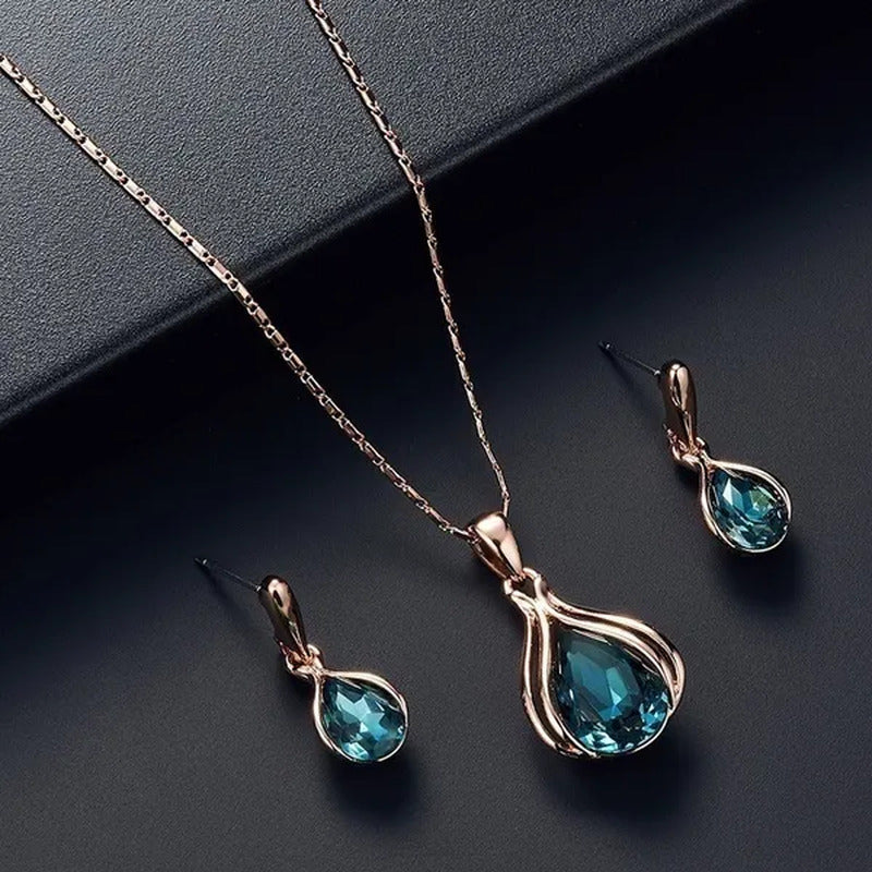 3PCS / Set New Luxury Design Luxury Wedding Pendant Earrings Rose Gold Green Blu