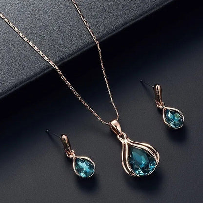 3PCS / Set New Luxury Design Luxury Wedding Pendant Earrings Rose Gold Green Blu